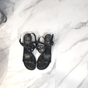 Tory Burch black logo wedge sandals